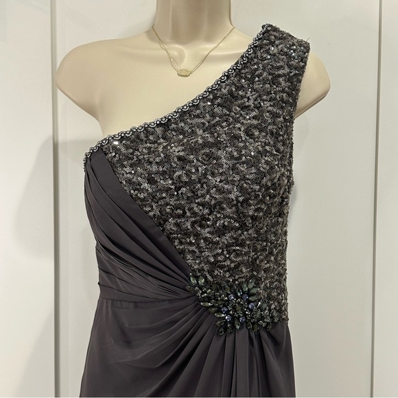 Vintage Aspeed One Shoulder Chiffon Gown Embellished Gray Medium Y2K Prom Chic - Picture 3 of 13